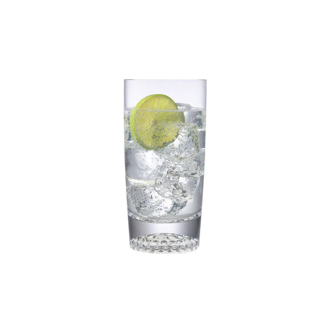 NUDE Ace high ball glasses with golf pattern on the bottom filled with sparkling drink