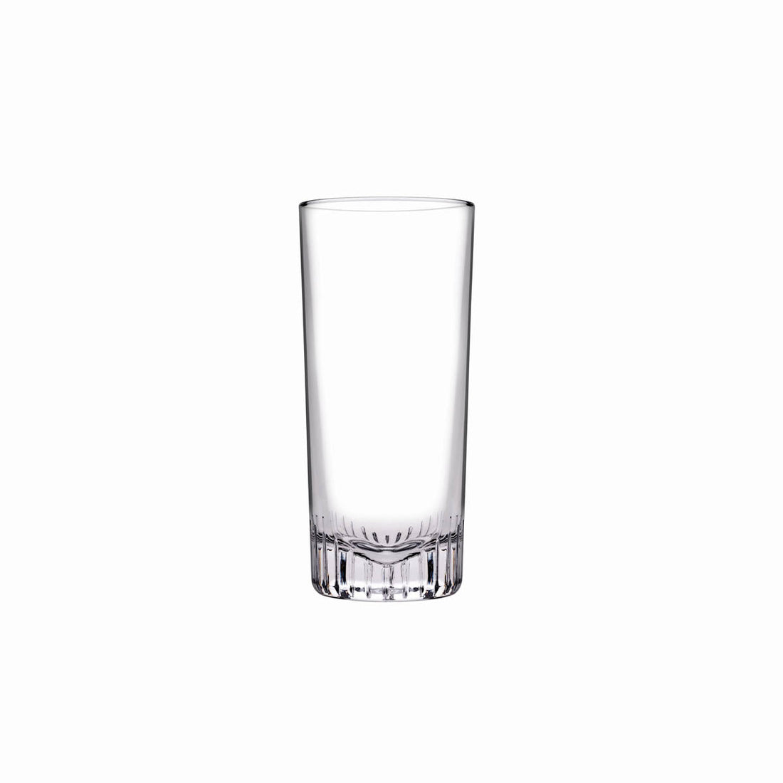 NUDE Caldera highball glass, with a v-shaped heavy bottom, presented empty on a white background
