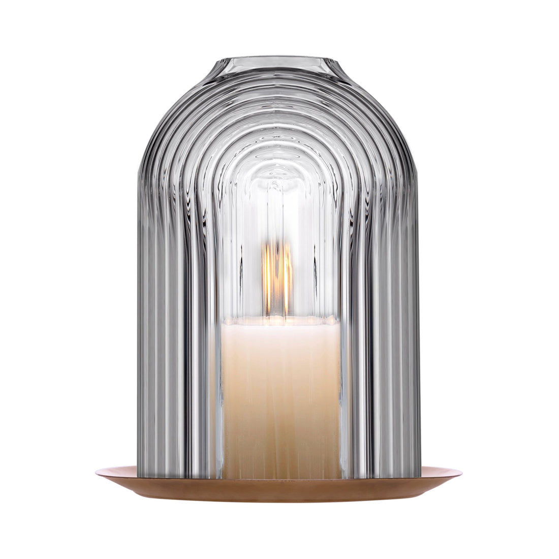 Lead-free crystal candle holder Ilo, a dome shaped candle holder with rippled glass effect, with candle presented on white background
