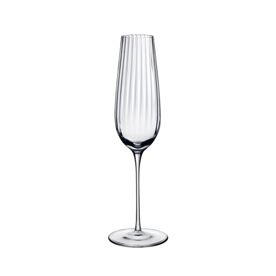 NUDE Round Up sparkling wine glass, a lead-free crystal flute glass with a rounded rippled design, presented on white background